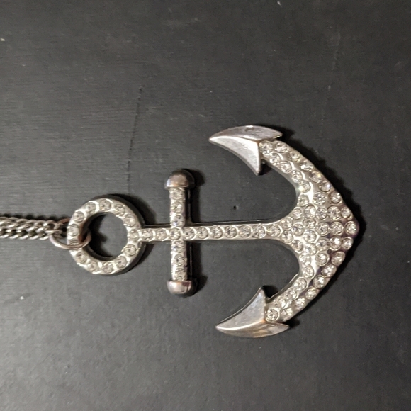 Silver Tone Clear Rhinestone Anchor Long Statement Necklace - Picture 1 of 2